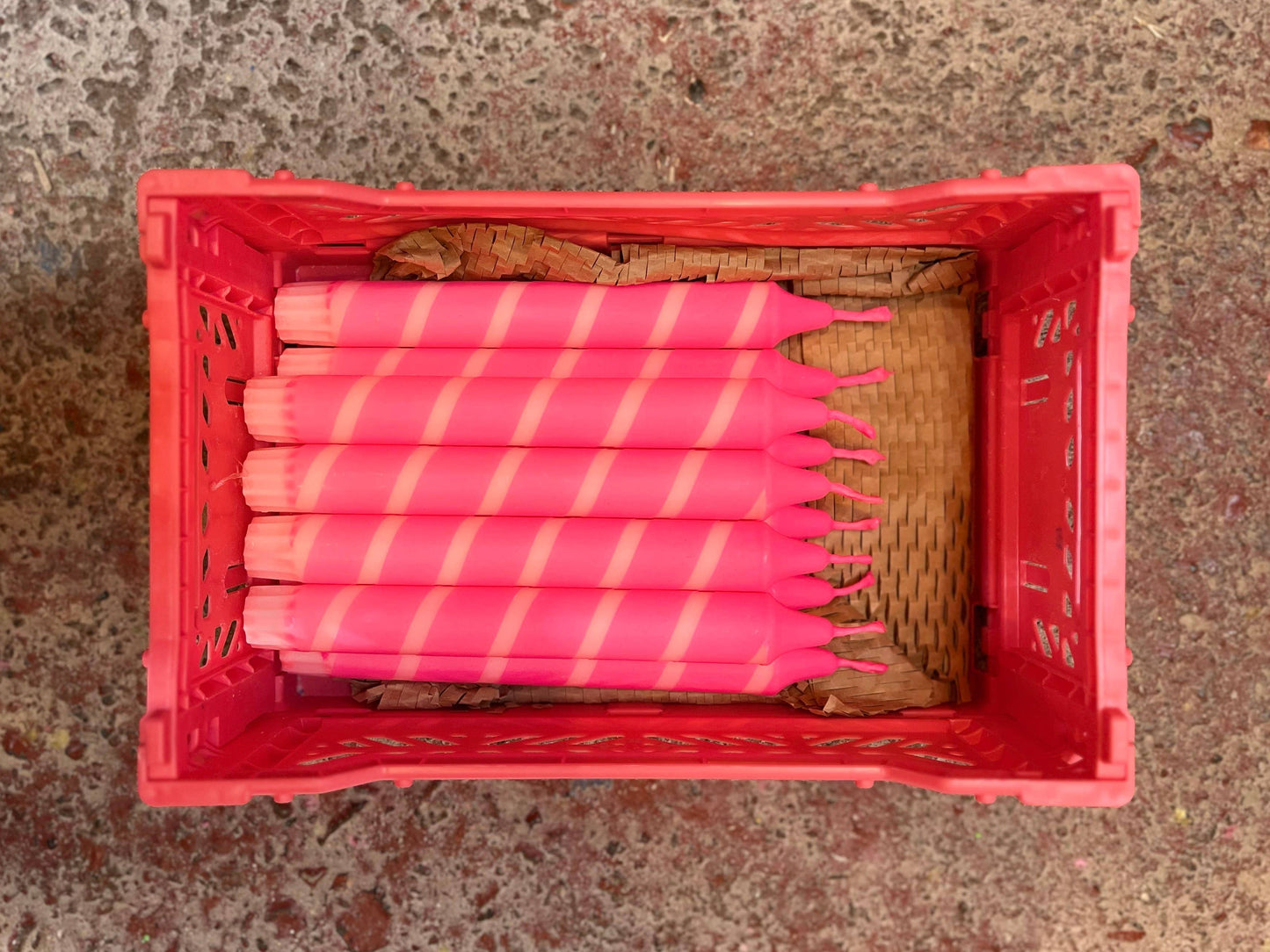 Peach & Neon Pink thin stripe Dinner Candle