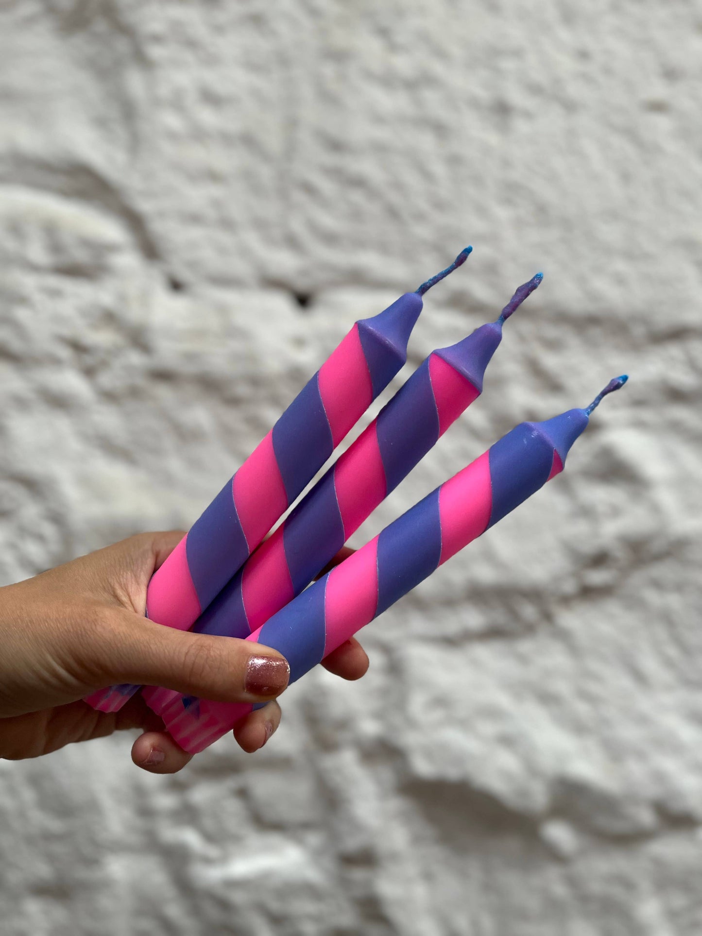 Neon pink & purple Helter Skelter Dinner Candle