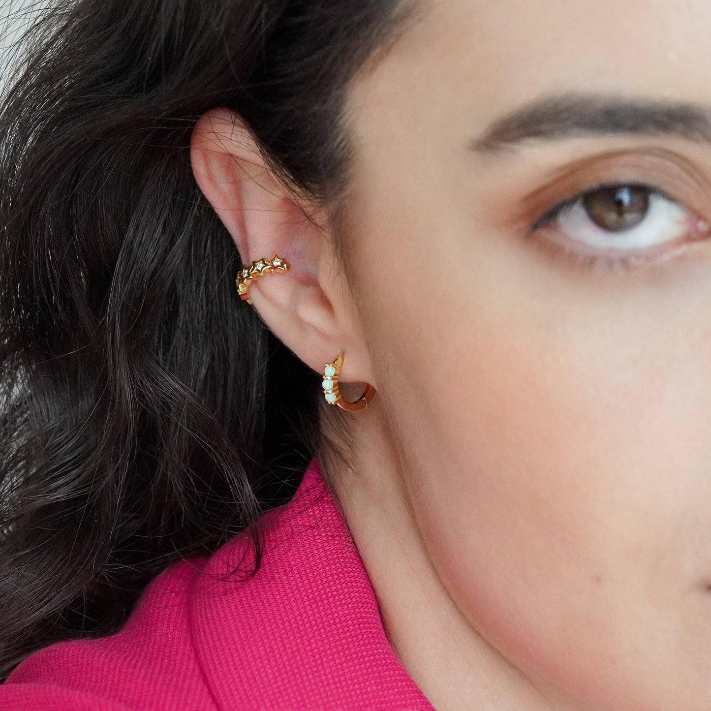 Triple Opal Huggie Hoop Earrings