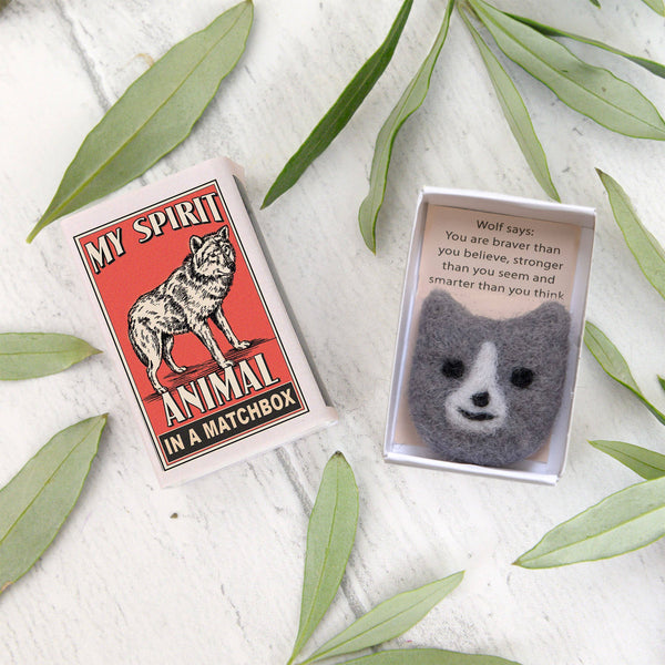 Wool Felt Wolf Spirit Animal  In A Matchbox