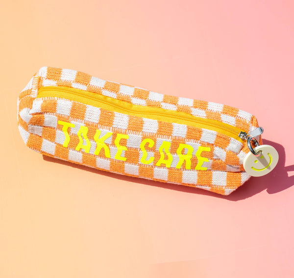 Take Care Small Checkered Cosmetic Bag - Orange