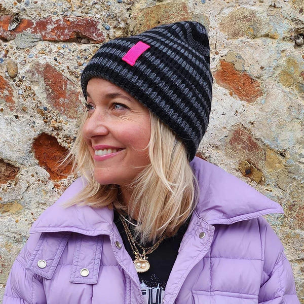 The Bonnie Mob X Dress Like a Mum Colab Beanie- Charcoal Stripe