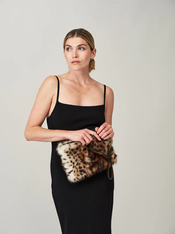 Faux Fur Clutch Bag with Wrist Strap- Ocelot