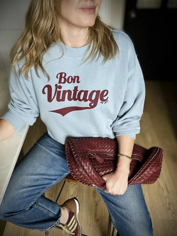 FWP by Rae Bon Vintage Retro Sweatshirt Blue with Red Wine print