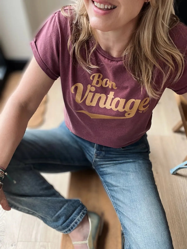 FWP by Rae Bon Vintage Retro Tee Stone Wash Burgundy Gold