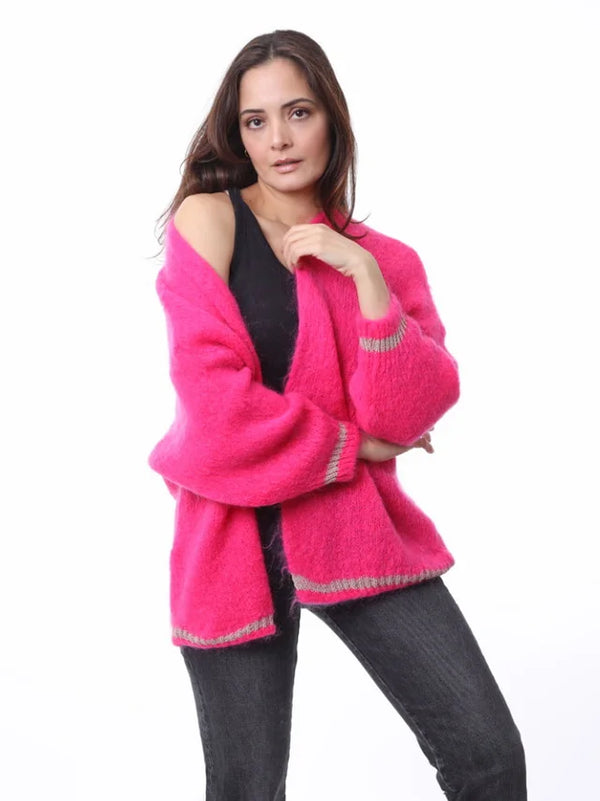 Cardigan with lurex cuffs & hem - Fucshia