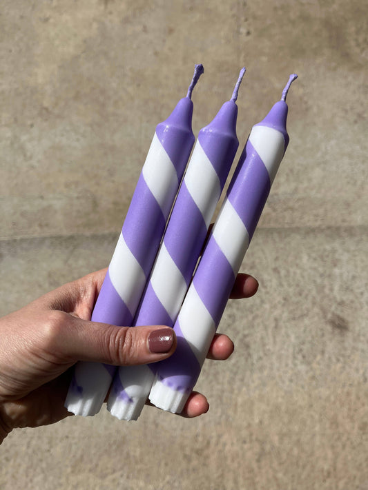 Lilac & white Helter Skelter taper Candle