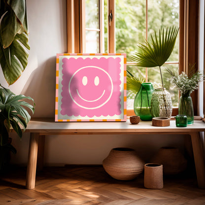 True Pink Smiley, Dopamine Decor, Maximalist, Colourful Art