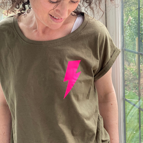 Khaki T-shirt with Small Neon Lightning Bolt - Pink