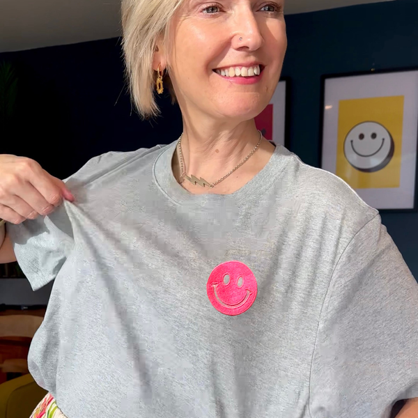 Organic Grey T Shirt with Embroidered Neon Pink Smiley Face