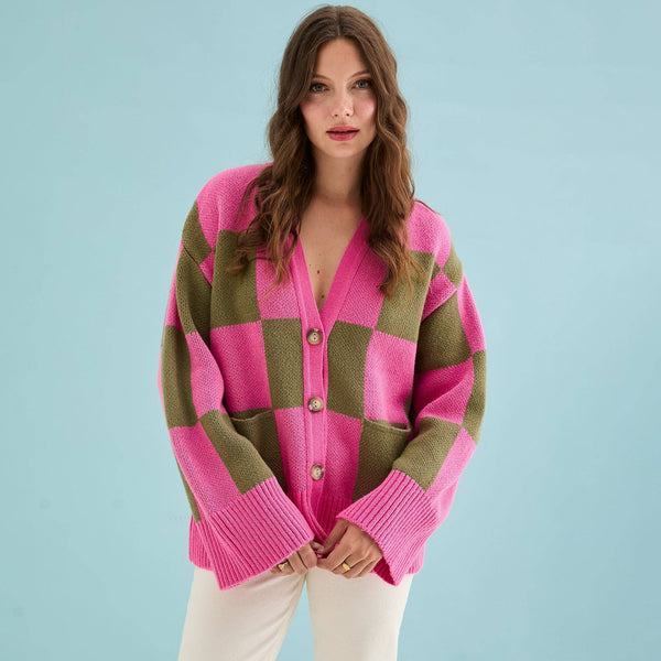 Candice Wide Sleeve Checked Button Cardigan - Pink & Green