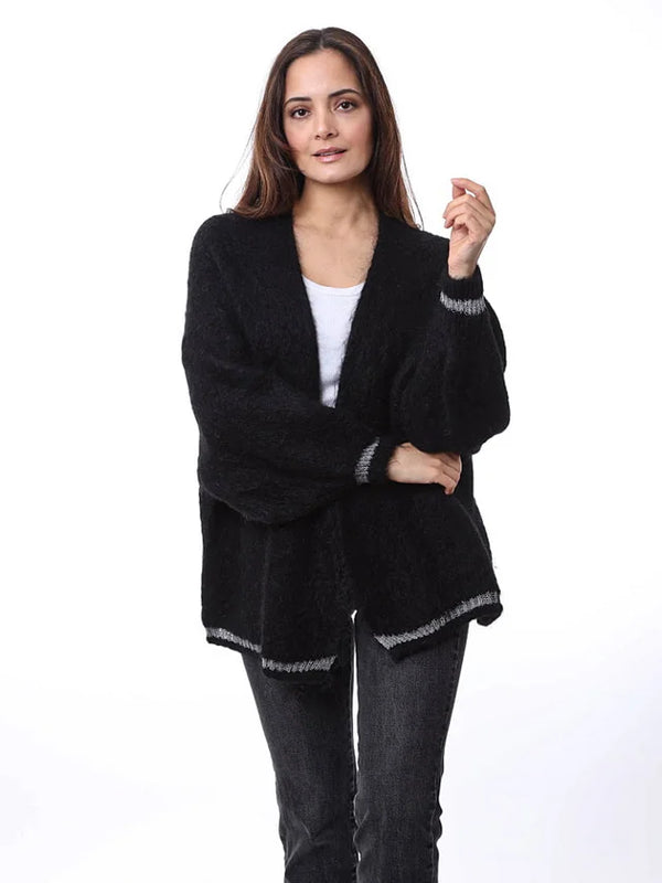 Cardigan with lurex cuffs & hem - black