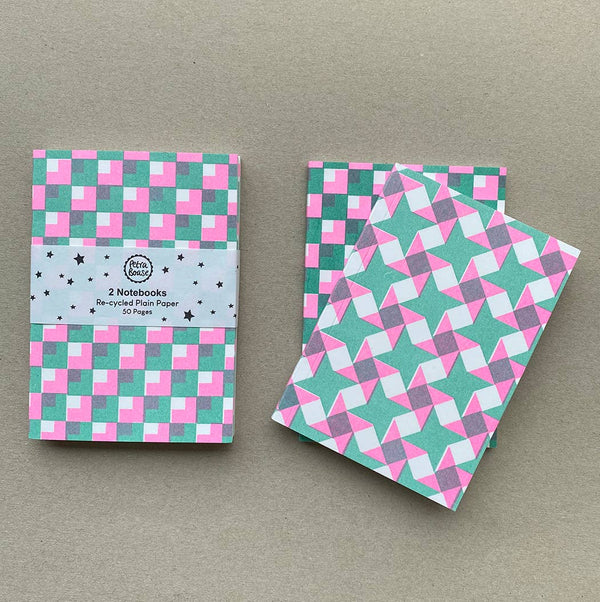 2 Riso Printed Notebooks - Green/Hot Pink